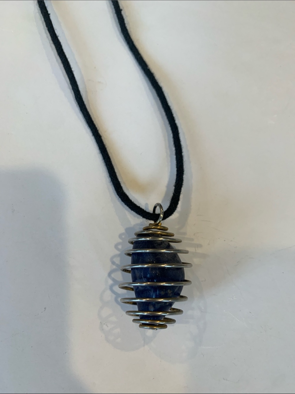 Spiral Wire Cage Pendant Boho Crystal Necklace Blue Sodalite Stone on Black Cord
